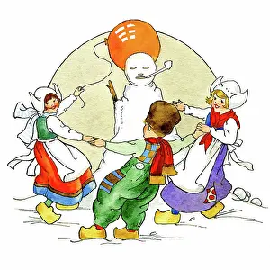 Clogs: Dutch children dancing around a snowman