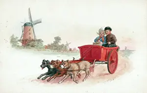 Dogcart: Dutch children - two in dogcart with windmill