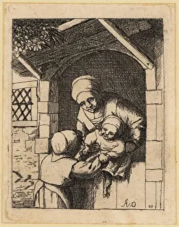 Master Painter: Dutch mother and small children at house gate, 17th century