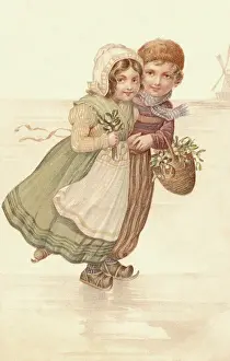 Nister: Dutch skaters with basketful of mistletoe