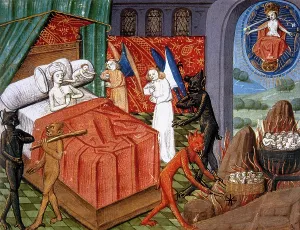 Demon: A dying man. From his mouth, the soul. Angels and devils fig