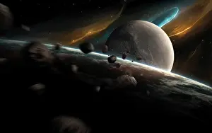 Blurred: Dynamic space scene with incoming asteroids