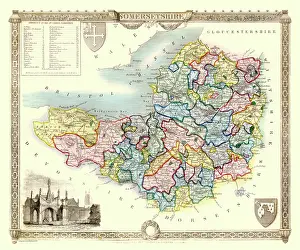 Somersetshire: Early 19th Century County map of Somersetshire, England
