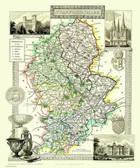 Moule: Early 19th Century County map of Staffordhire, England