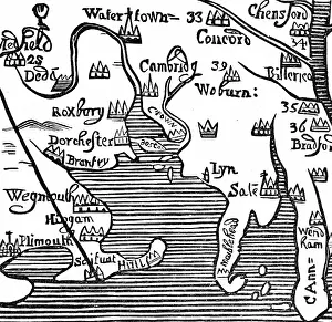 Sailed: Early map of Massachusetts Bay, America. Massachusetts