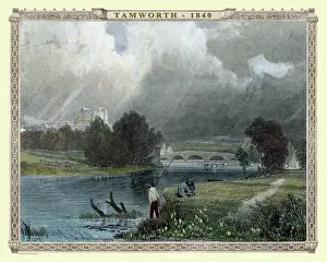 Tamworth: Early Victorian view of Tamworth, Castle and River, Stafford