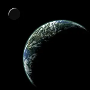 Satellites: An Earth-like planet with an orbiting moon illuminated by a