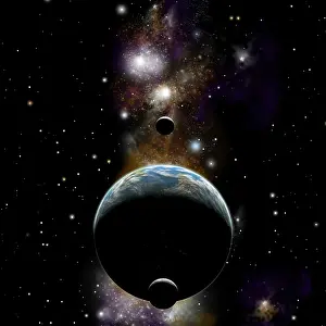 Satellites: An Earth type world with two moons against a background of ?
