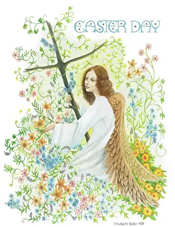 Easter Angel with cross, flowers and foliage
