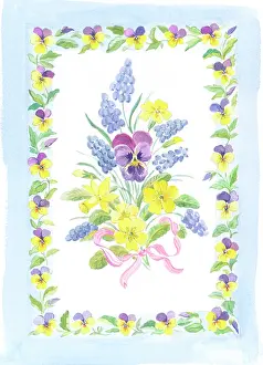 Primroses: Easter bouquet in border of pansies