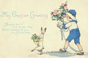 Bunny: Easter bunny and child carrying flowers