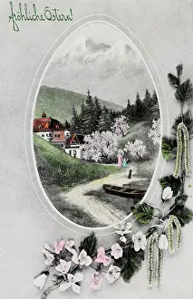Medaillon: Easter card. 'Happy Easter!' Landscape