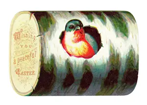 Redbreast: Easter card in the shape of a log with robin
