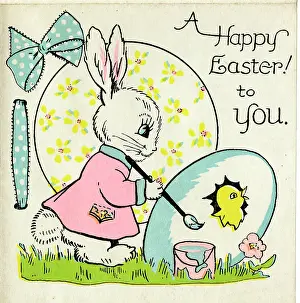 Bunny: Easter card with white bunny and yellow chick