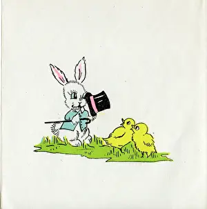 Bunny: Easter Card, white bunny and two yellow chicks