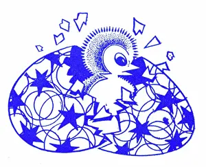 Hatch: Easter chick hatching from egg - 1950s printer's block
