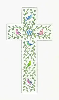 Bertha: Easter Cross with six coloured birds and silver foliage
