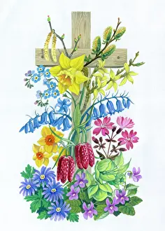 Hazel: Easter Cross – with daffodil, forsythia etc
