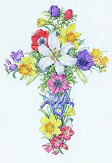 Freesias: Easter Cross of Daffodils, Iris, Anemones, etc