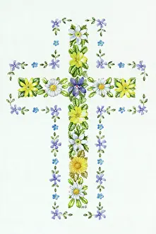 Margery: Easter Cross ? with daisies, primroses etc