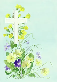 Cowslips: Easter Cross design with cowslips, primroses and violets