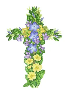 Primroses: Easter Cross of periwinkles, violets, primroses