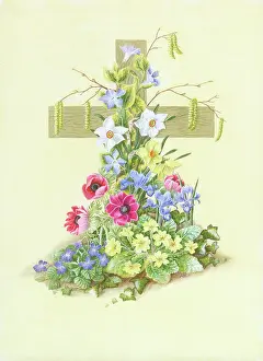 Primroses: Easter Cross with Primroses, Daffodils etc
