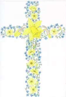 Primroses: Easter cross with primroses and forget-me-nots