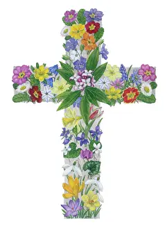 Crocuses: Easter Cross with Primulas, Viburnum, Scillas etc