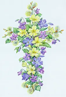 Periwinkle: Easter Cross ' Pussy Willow, Primroses, Violets
