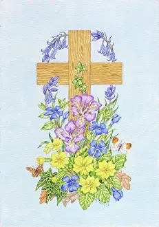 Periwinkles: Easter Cross with spring flowers and butterflies