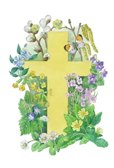 Catkins: Easter Cross with spring flowers & butterfly