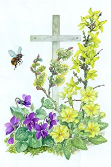 Forsythia: Easter Cross with Violets, Primroses, etc