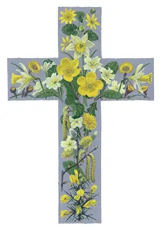 Primroses: Easter Cross with Wild Yellow Spring Flowers