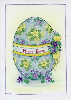 Coggan: Easter Egg with primroses and violets & yellow bow