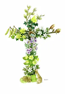 Catkins: Easter Floral Cross with two rabbits