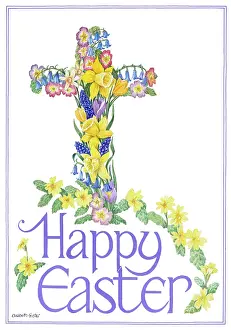 Crocuses: Easter Floral Cross with'Happy Easter below