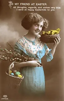 Rebirth: Easter Greetings Card - Girl with eggs and Chicks