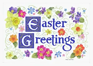 Primula: Easter Greetings with daffodils, primula and violets
