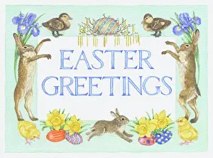 Catkins: Easter Greetings with hares, chicks, irises etc