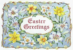 Catkins: Easter Greetings with madonna lilies, daffodils