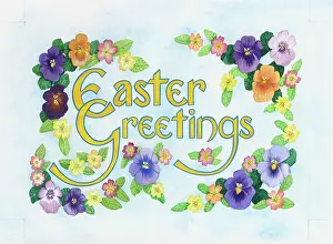 Pansies: Easter Greetings with pansies and primulas
