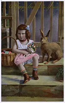 Easter Greetings Postcard - Basket of Eggs and Bunny