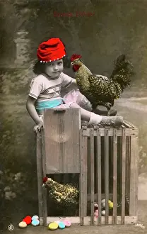 Hutch: Easter Greetings Postcard featuring child and chickens!