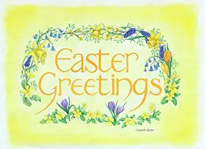 Crocuses: Easter Greetings in yellow & border of flowers