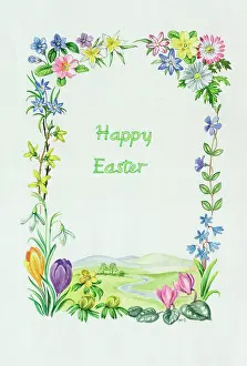 Crocus: Easter landscape with border of crocuses etc