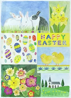 Primulas: Easter Patchwork - rabbits, daffodils, eggs, chicks, primula