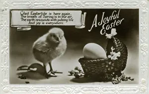 Embossed: Easter postcard with chick and egg in a basket