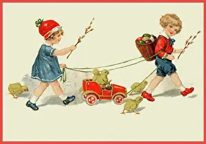 Chicks: Easter procession with children, chicks and eggs