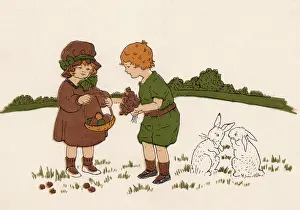 Bunny: Easter scene with children and bunny rabbits